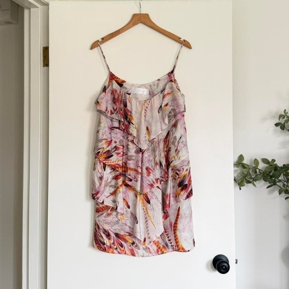 Zimmermann 100% Silk Feather Print Ruffle Mini Dress Size 0
